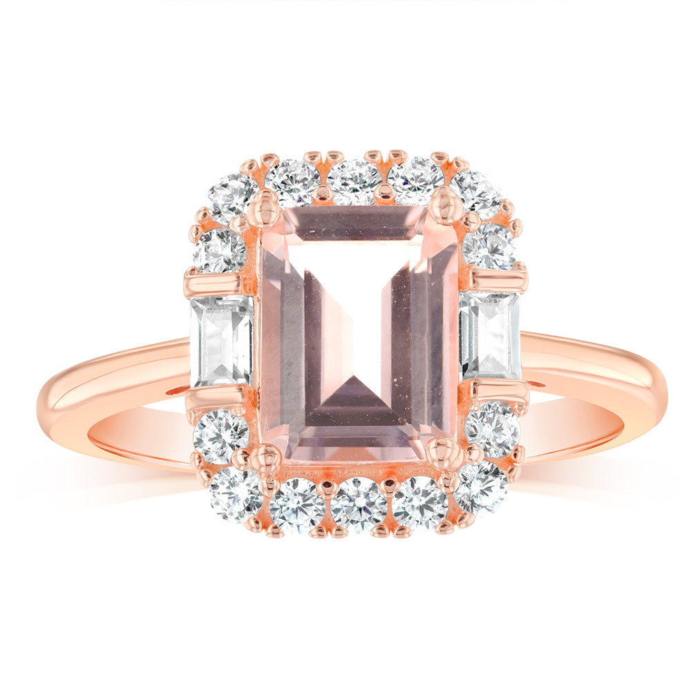 Sterling Silver Rose Gold Plated White And Morganite Cubic Zirconia Fancy Ring