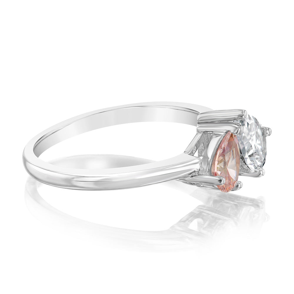 Sterling Silver Rhodium Plated White And Morganite Pear Fancy Ring