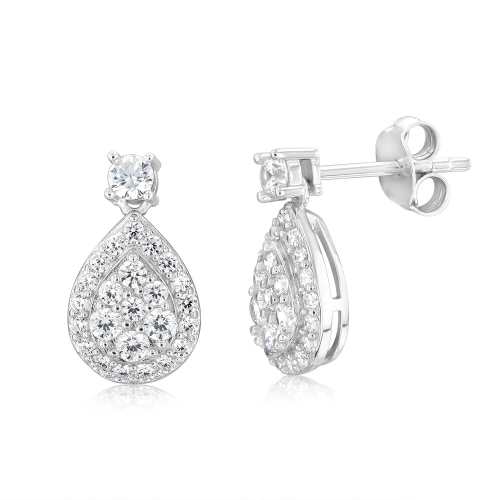 Sterling Silver Rhodium Plated White Cubic Zirconia Pear Shaped Stud Earrings