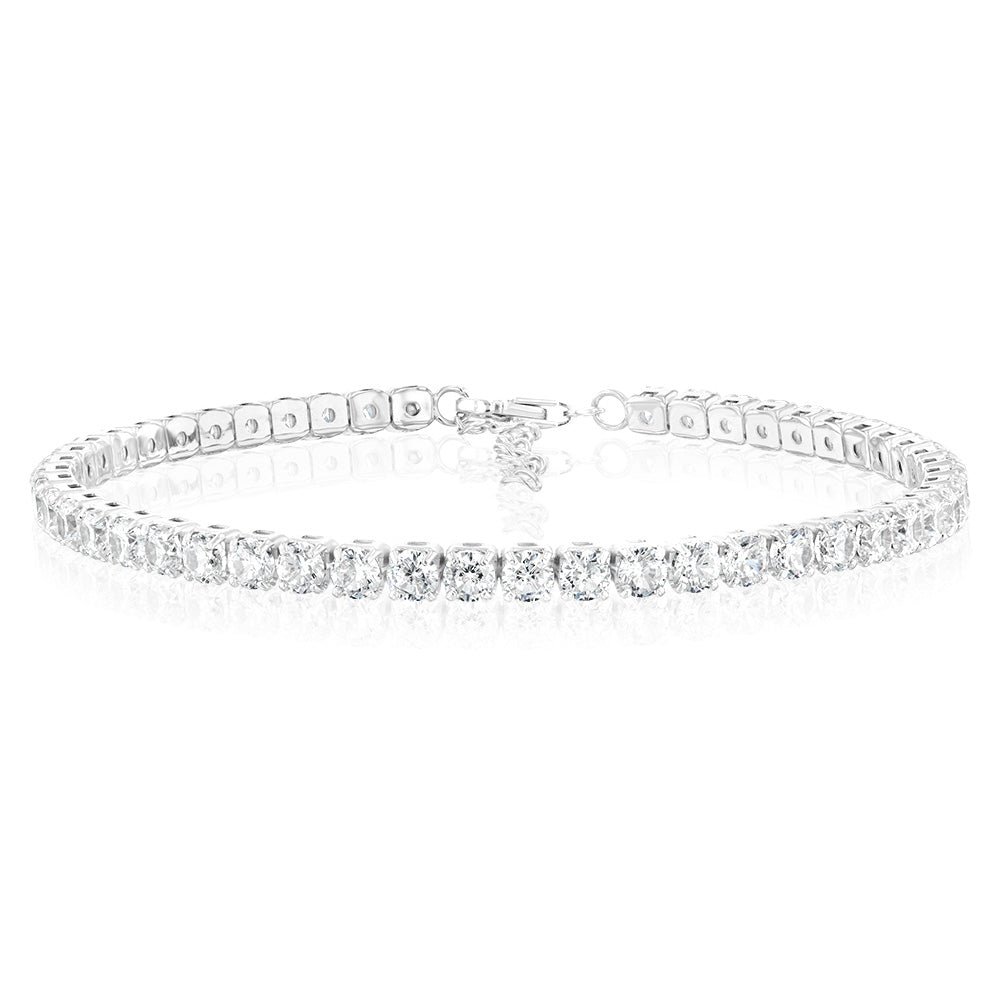 Sterling Silver Rhodium Plated White Round Cubic Zirconia 16.5+3cm Tennis Bracelet