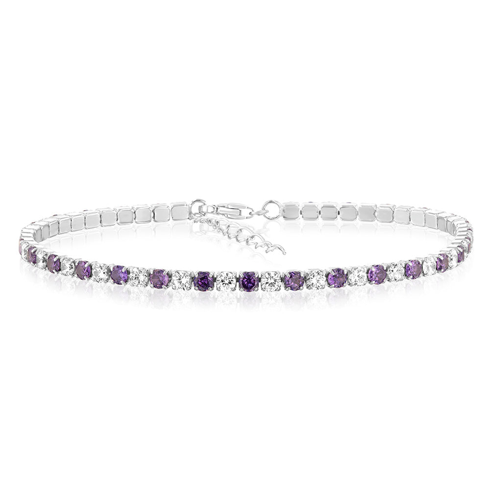 Sterling Silver Rhodium Plated White And Amethyst Round Zirconia 16.5+3cm Tennis Bracelet