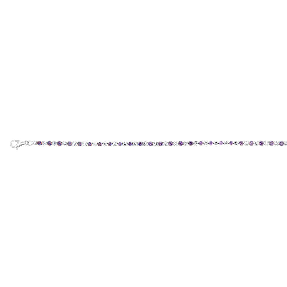 Sterling Silver Rhodium Plated White And Amethyst Round Zirconia 16.5+3cm Tennis Bracelet