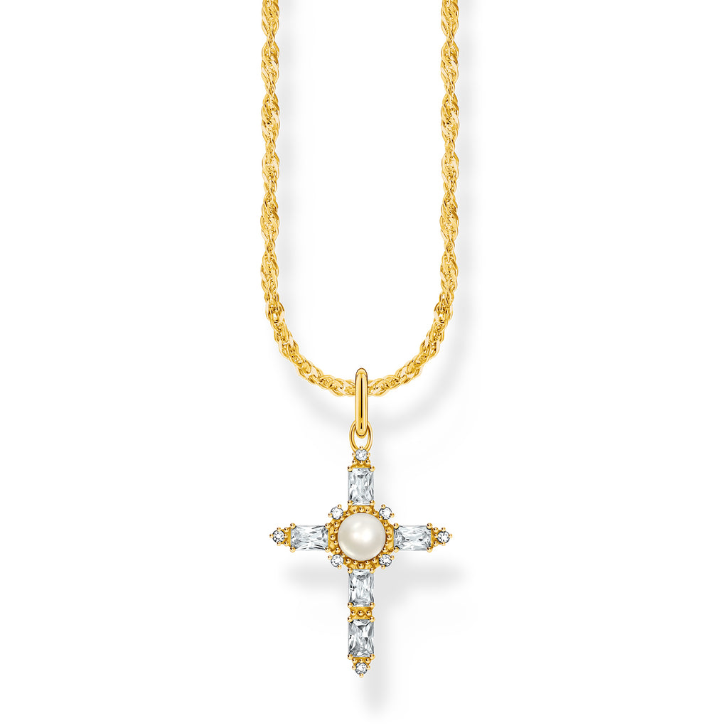 Thomas Sabo Gold Plated Sterling Silver True Romance Cubic Zirconia Pearl Cross Pendant On 40-45cm Chain