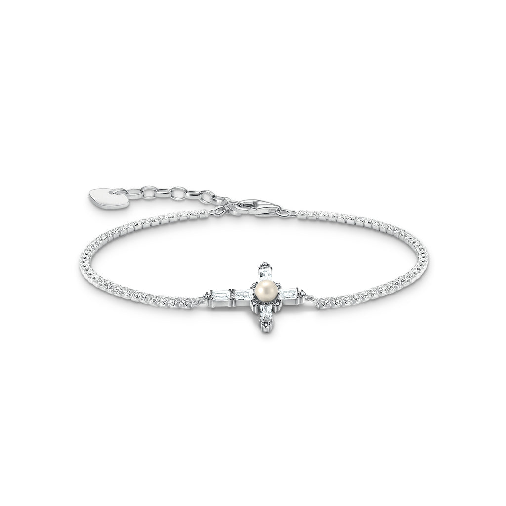 Thomas Sabo Sterling Silver True Romance Cubic Zirconia Pearl Cross 16-19cm Bracelet