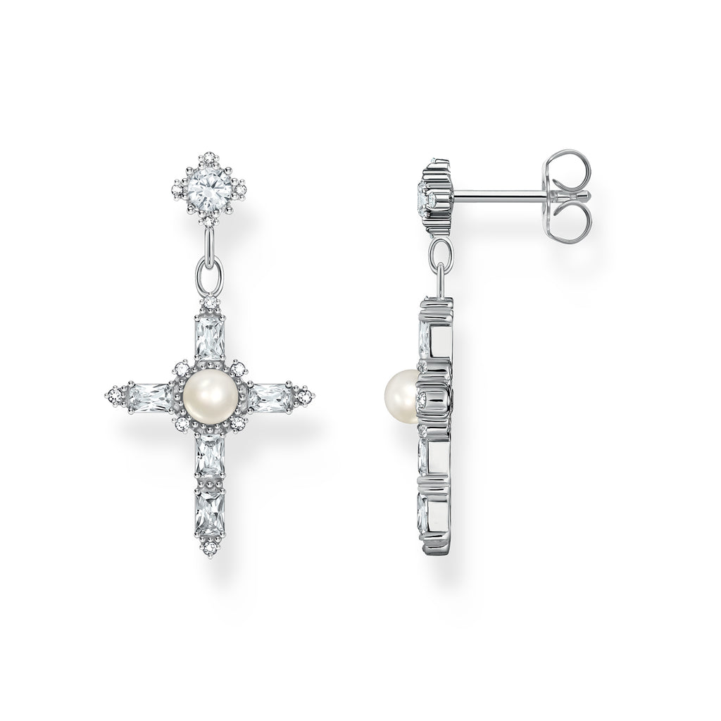 Thomas Sabo Sterling Silver True Romance Cross Cubic Zirconia Pearl Earrings