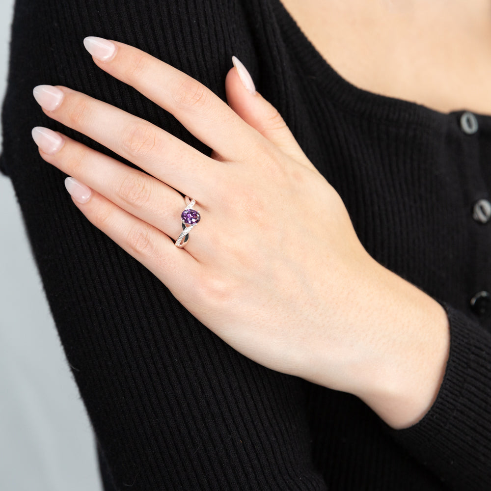 Sterling Silver Cubic Zirconia Purple Oval Ring