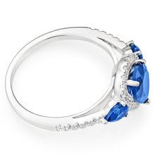 Load image into Gallery viewer, Sterling Silver Rhodium Plated Created Sapphire Pear Shape and Zirconia Ring