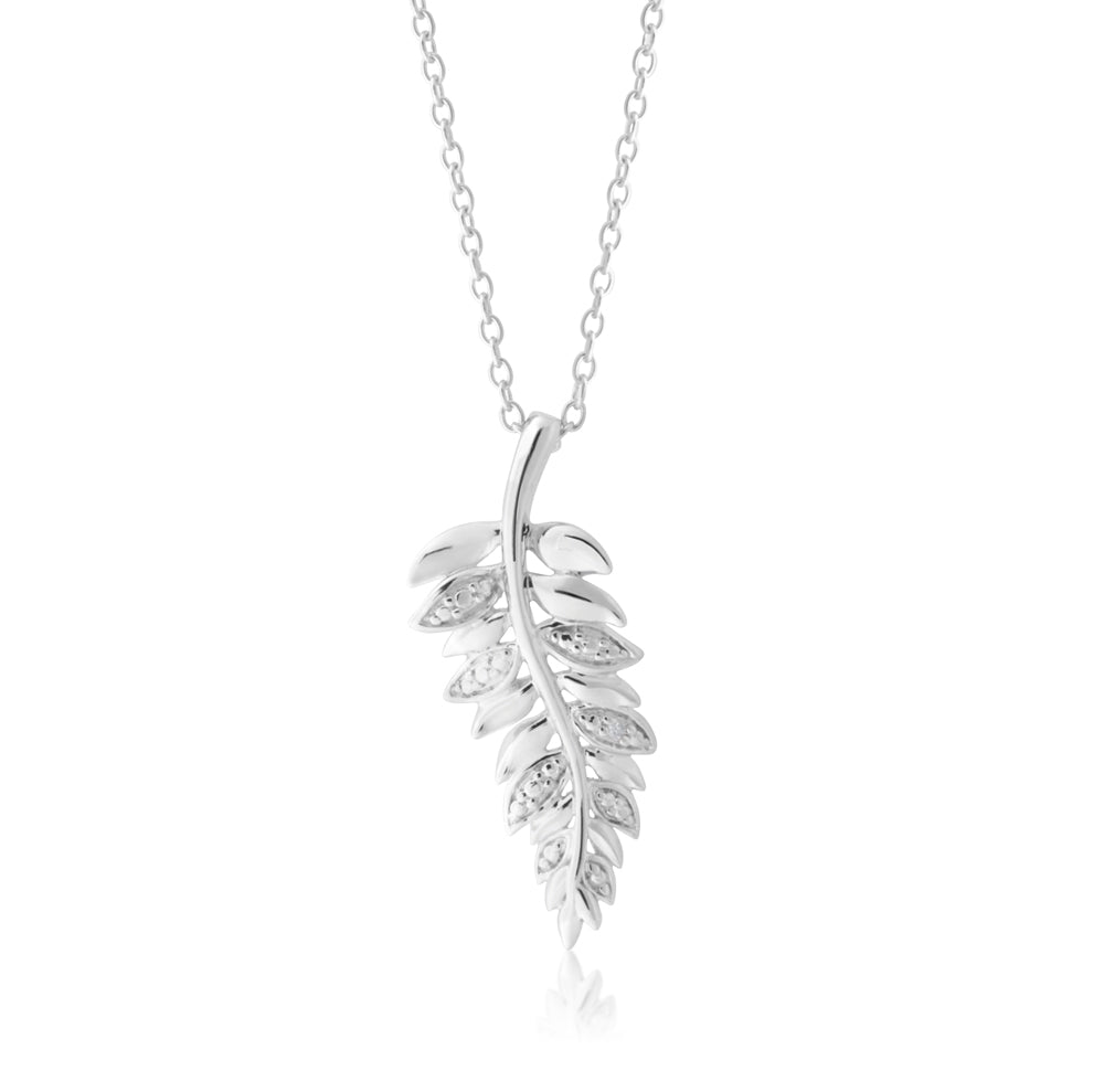 Sterling Silver 1 Diamond Leaf Pendant on 45cm Silver Chain