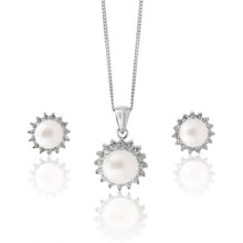 Load image into Gallery viewer, Sterling Silver Freshwater Pearl &amp; Zirconia Pendant &amp; Earring Set With 45cm Chain