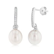 Load image into Gallery viewer, Sterling Silver White Rice Pearl &amp; Cubic Zirconia Stud Earrings