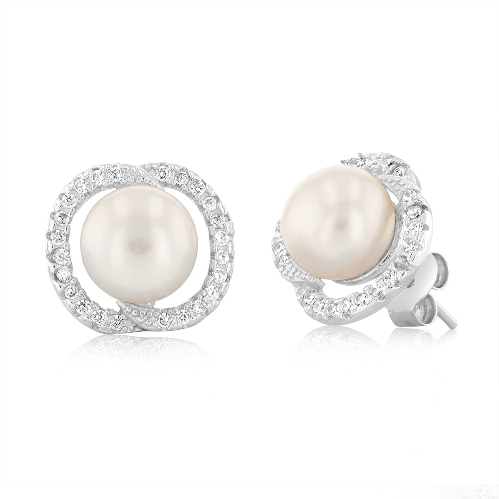 Freshwater Pearl and Zirconia Earrings and Pendant Gift Boxed Set.