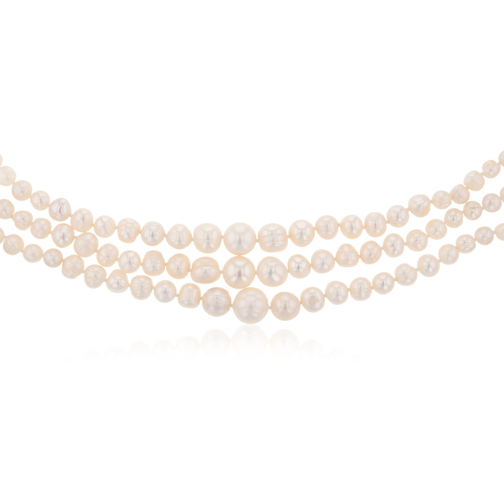 Three Layered Graduated Potato Shaped Pearl Necklace 46cm With Silver Clasp