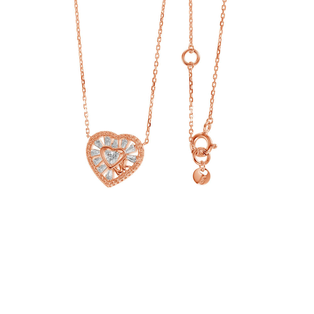 Michael Kors Rose Gold Plated Sterling Silver Premium Tapered Baguette CZ Heart Pendant With Chain