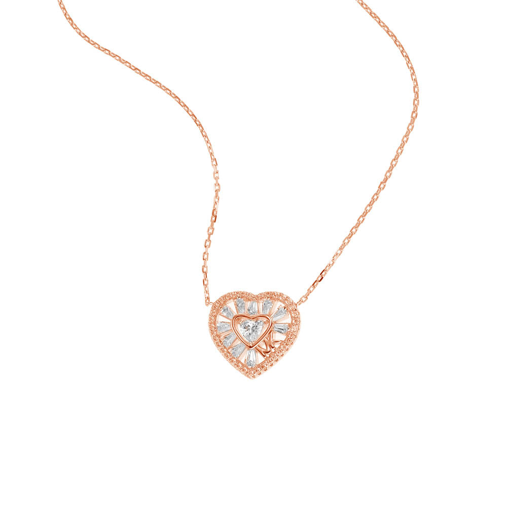 Michael Kors Rose Gold Plated Sterling Silver Premium Tapered Baguette CZ Heart Pendant With Chain