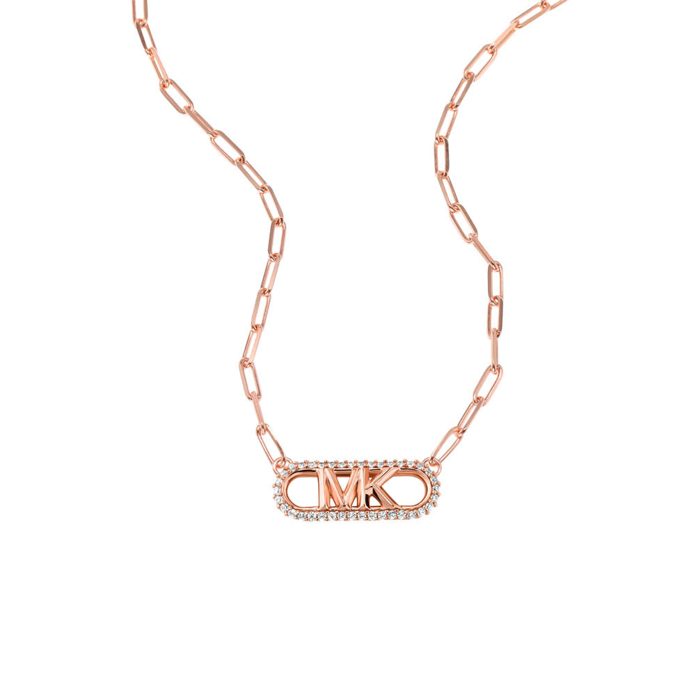 Michael Kors Rose Gold Plated Sterling Silver Premium Pave Empire Link Pendant with Chain